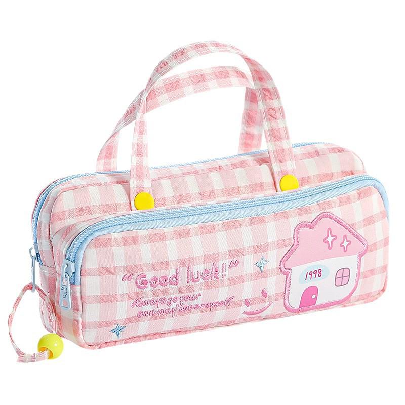 Charming Double-Layer Lucky Embroidery Pencil Case with Large Capacity, Portable Design, and Stylish Dopamine-Inspired Look