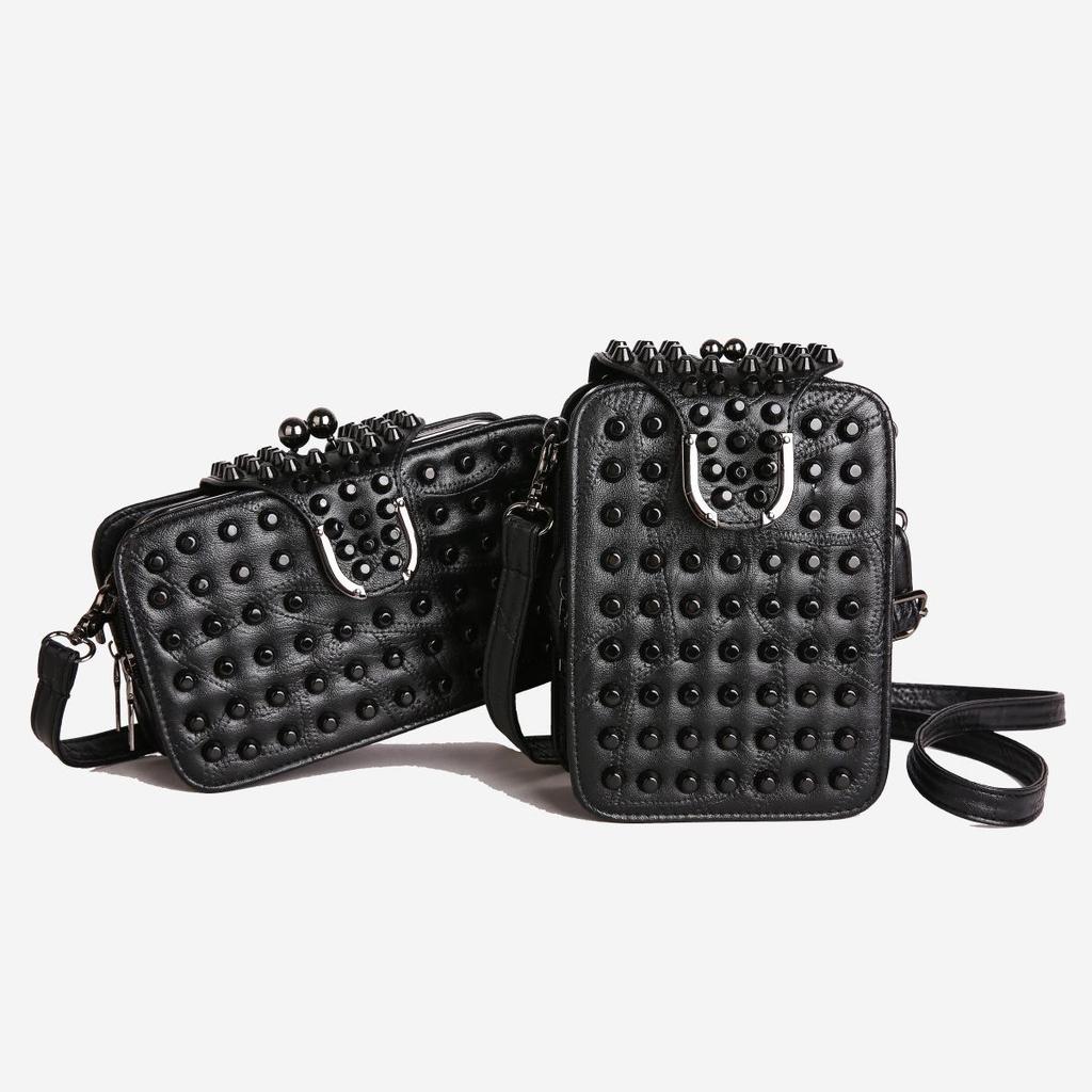 Gothic Style Textured Black Shoulder & Crossbody Bag with Rivets for Women
