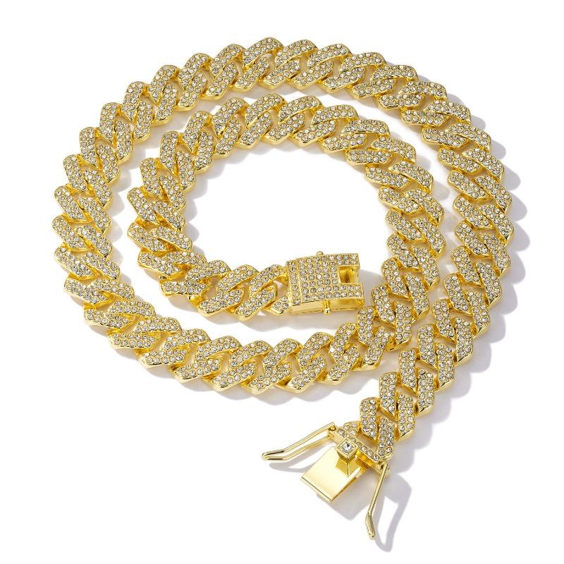 1PC European and American Popular 14mm Rhombus Cuban Chain Zinc Alloy Necklace Full of Diamonds Hip Hop Trendy Men's and Women's Fashion Quality