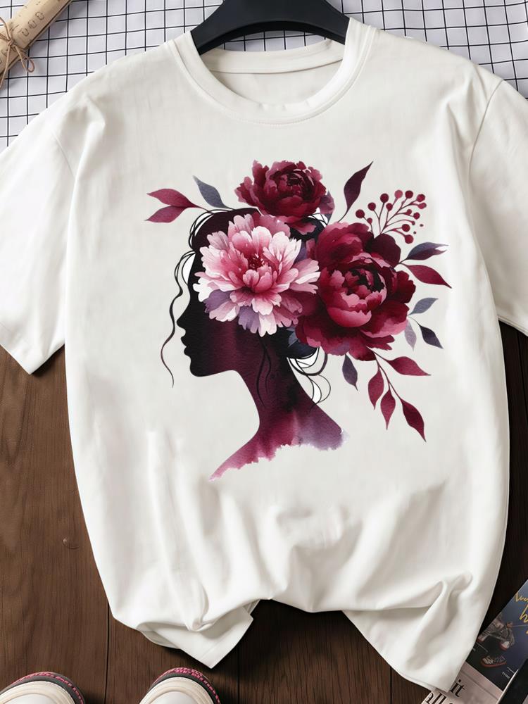(Asian Size) Trend Sweet Flower 90s Print O-neck Short Sleeve T-shirts Fashion Female Casual Women's Top T Clothing Graphic Tee