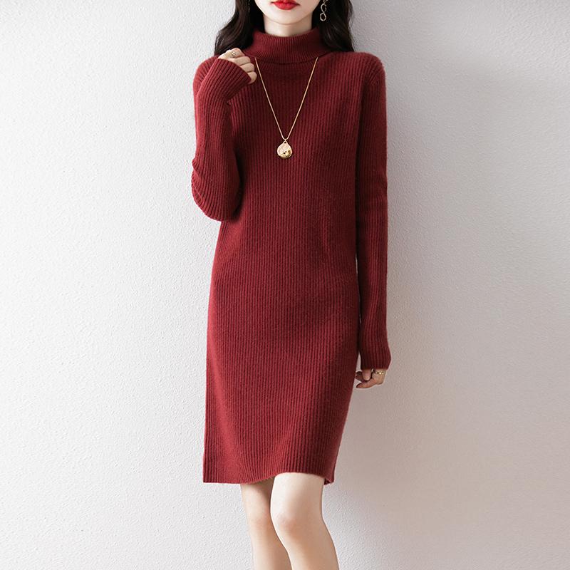Women Sweater Dress 100% Wool MODERN NEW SAGA Turtleneck Knit Long Pullover Winter Jumpers Wool Long Dress Female