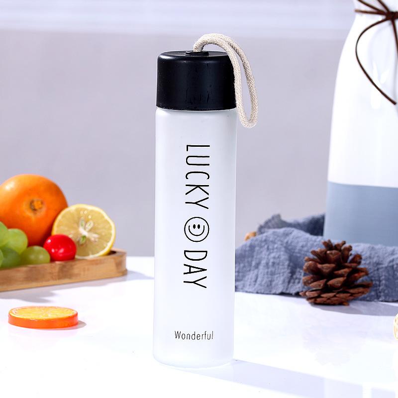 Frosted Smiley Glass Tea Cup Portable Gift Water Cup Rope Handy Cup Comes with Twine Cup