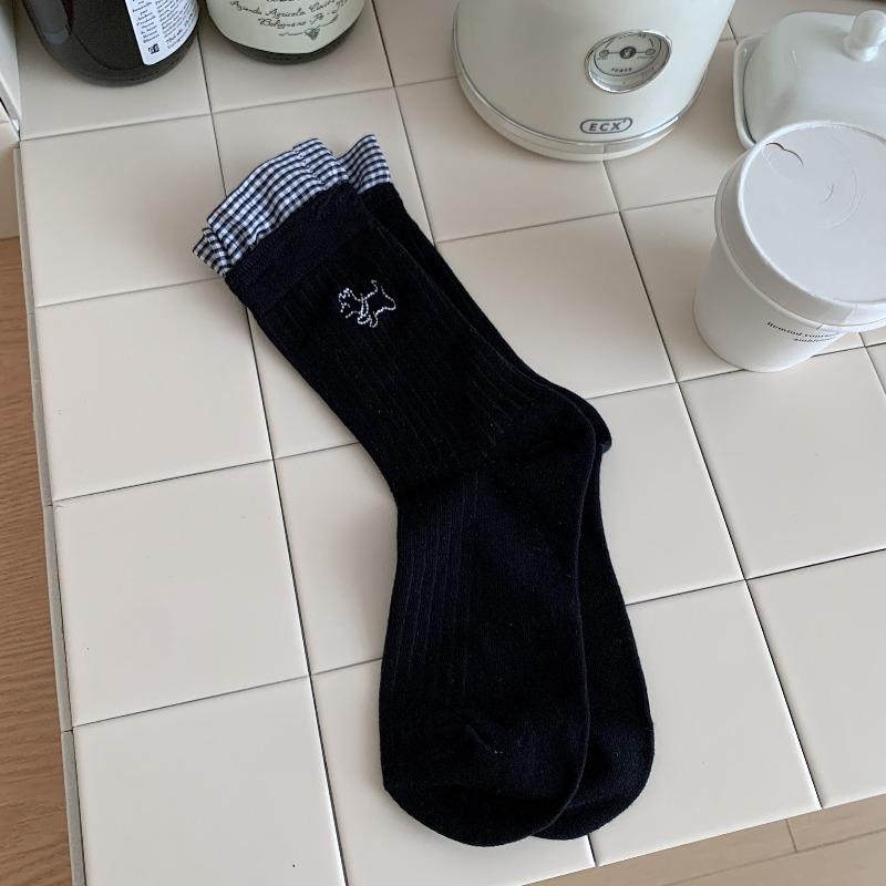 

Леди Весна Новая Вышивка Милое Кружево Щенок в Цилиндре Носки-наколенники 1 pair чёрный