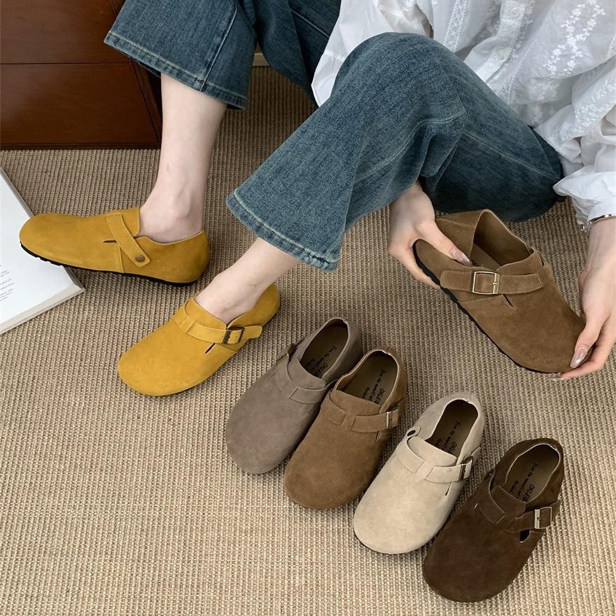 2025 Autumn and Winter New Leather Cow Velvet Outer Wear Full Bag Head Loafer Half Slippers Flat Bottom Loafer Single Shoes Women