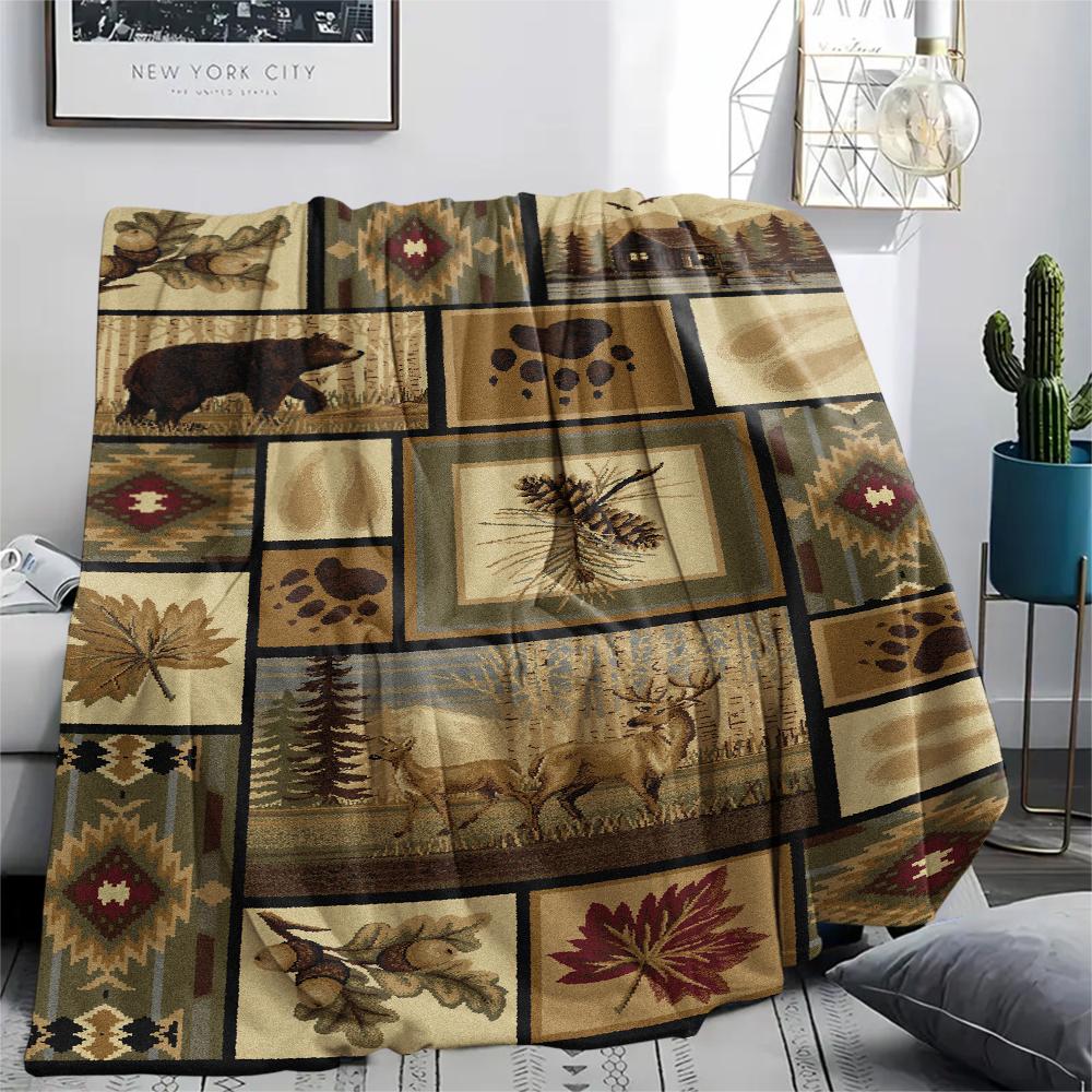 1Pc Cabin Wildlife Print Flannel Blanket, High Quality Comfortable for All Seasons, Home Decor, Warmth and Comfort, Perfect for Gifts