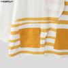 INCERUN Oversized Men Casual Loose 3/4 Sleeve Splits Irregular Front Cross Striped Print T-Shirts Tops