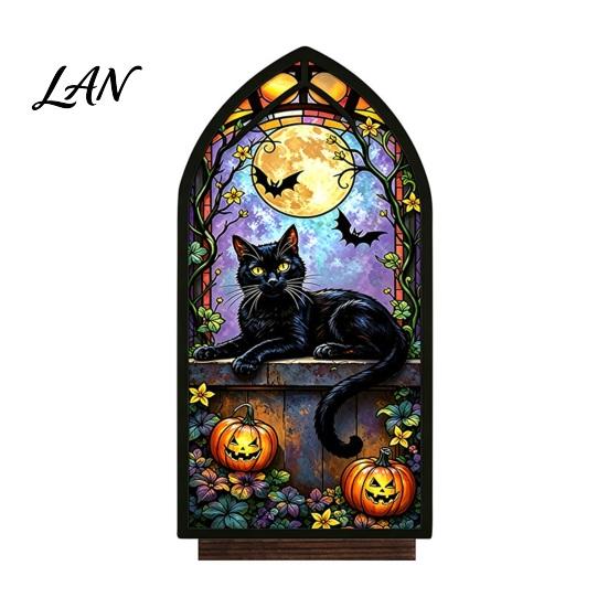UV Printed Halloween Decor Candle Holder, Gothic Stained Glass Style Translucent Panel Lamp Retro Spooky Candlestick, Tabletop Atmosphere Ornament for