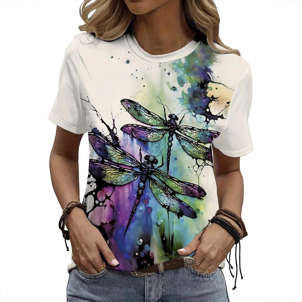 Retro Gradient Tie Dye Dragonfly Print Round Neck Women's T-shirts Casual Fashion Short Sleeved Top