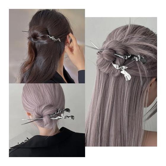 2-Piece Hair Stick Set, Simple Hairpin for Hair Styling, Vintage Style Hair Accessory for Yukata, Kimono, Graduation - Gunmetal + Silver Metallic &