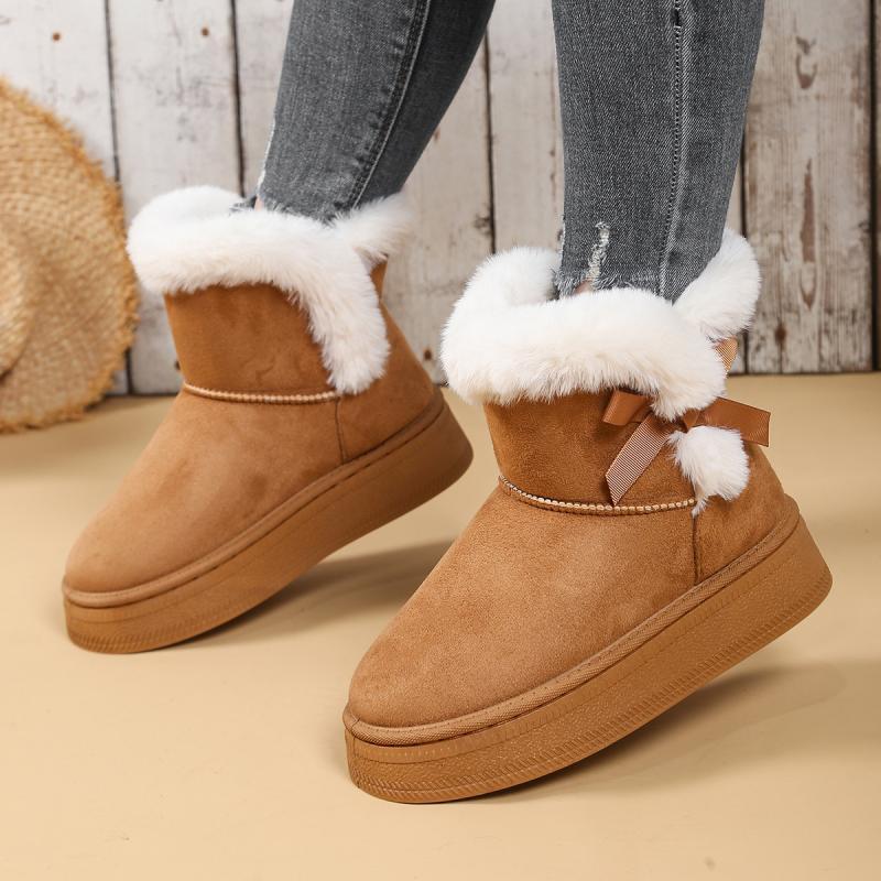 Fashion Faux Fur Bowknot Decoration Snow Boots 2025 Side Zip Thick Bottom Medium Heel Boots Warm Plush Leather Shoes Winter Warm Boots