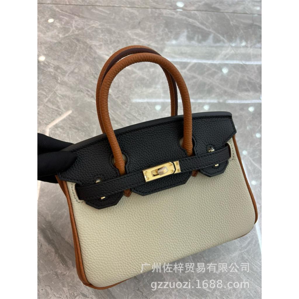 Cross-border Lychee Pattern Color Matching Platinum Bag Cowhide Women's Bag Contrasting Color Handbag Large Capacity Shoulder Crossbody Wedding Bag