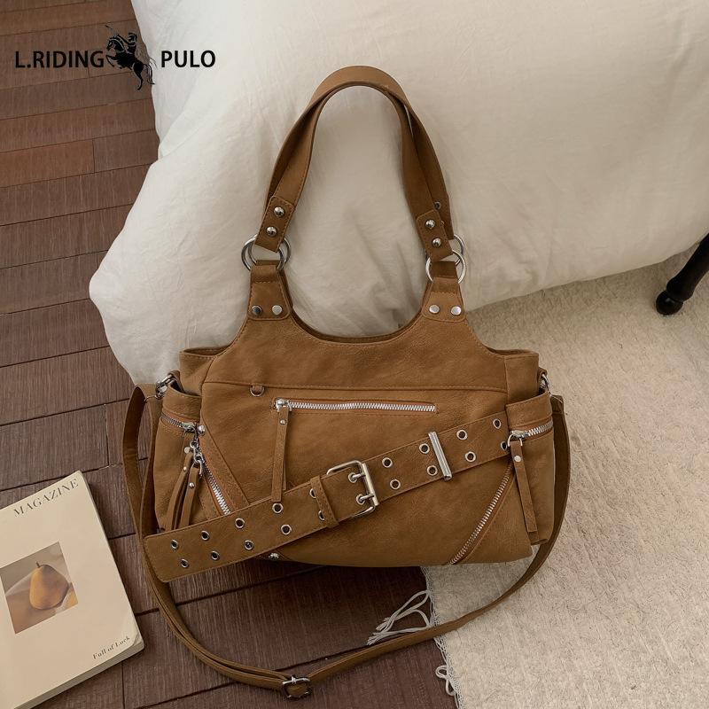 Retro Tote Bag, Large Capacity, Soft Leather Patchwork Crossbody Bag, Fashionable Commuter Studded Motorcycle Bag
