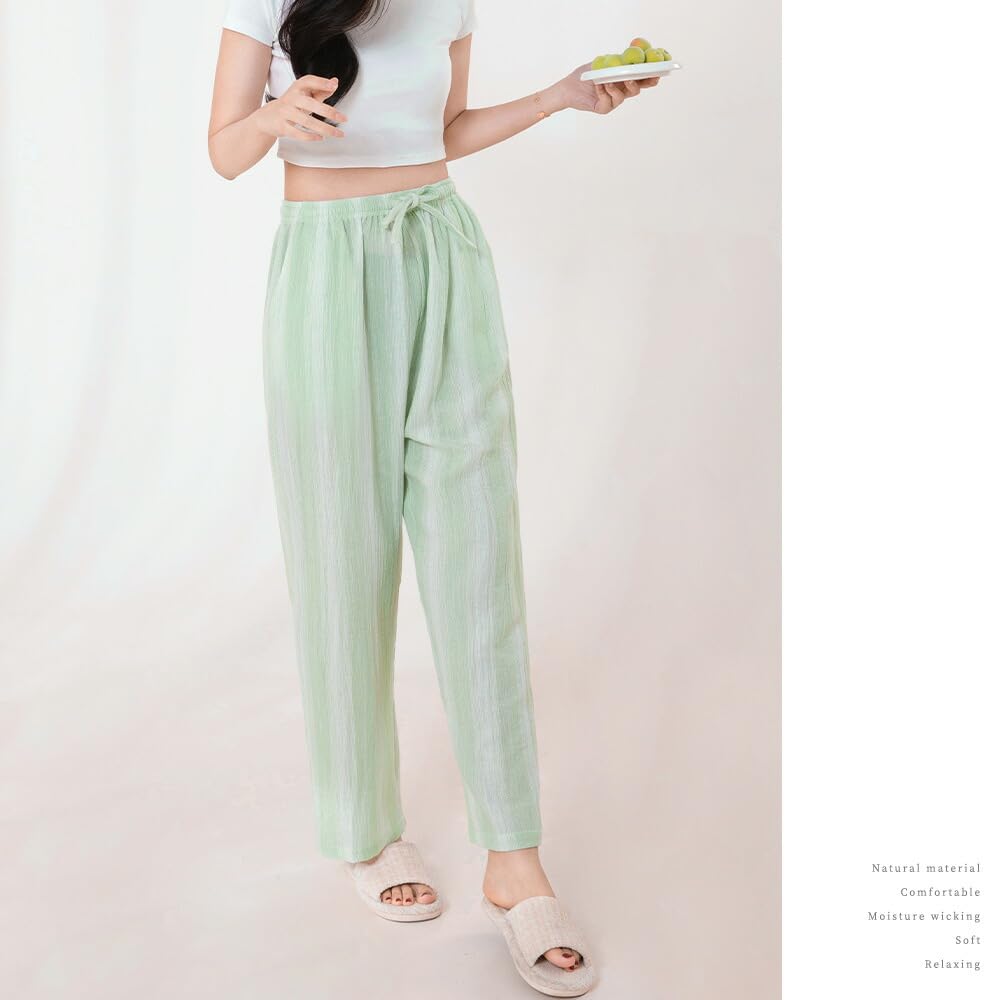 Yes Family Double Gauze Pajama Straight Striped Size Green Women's Pants, 100% Cotton, Fit, Pattern, M,