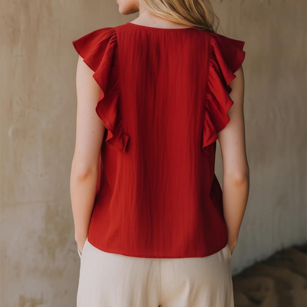 Women's Linen Sleeveless Top - V Neck Ruffle Blouse, Color Casual Tank Top for Summer, Lightweight and Breathable