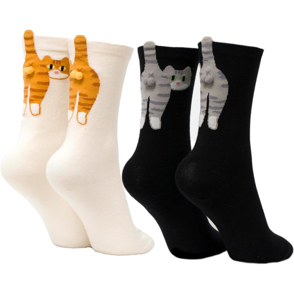 

2 Pairs Women Men 3D Paws Cat Socks with Jingle Bell Collar & Fluffy Tail - Thick Thermal Winter Knee-High/Ankle Socks