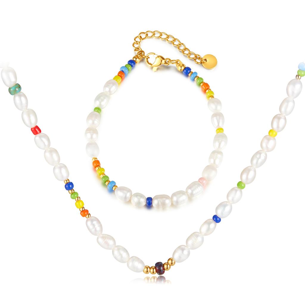 Opk Jewelry Light Luxury Color Beaded Bracelet Fashion Natural Freshwater Pearl Necklace Set