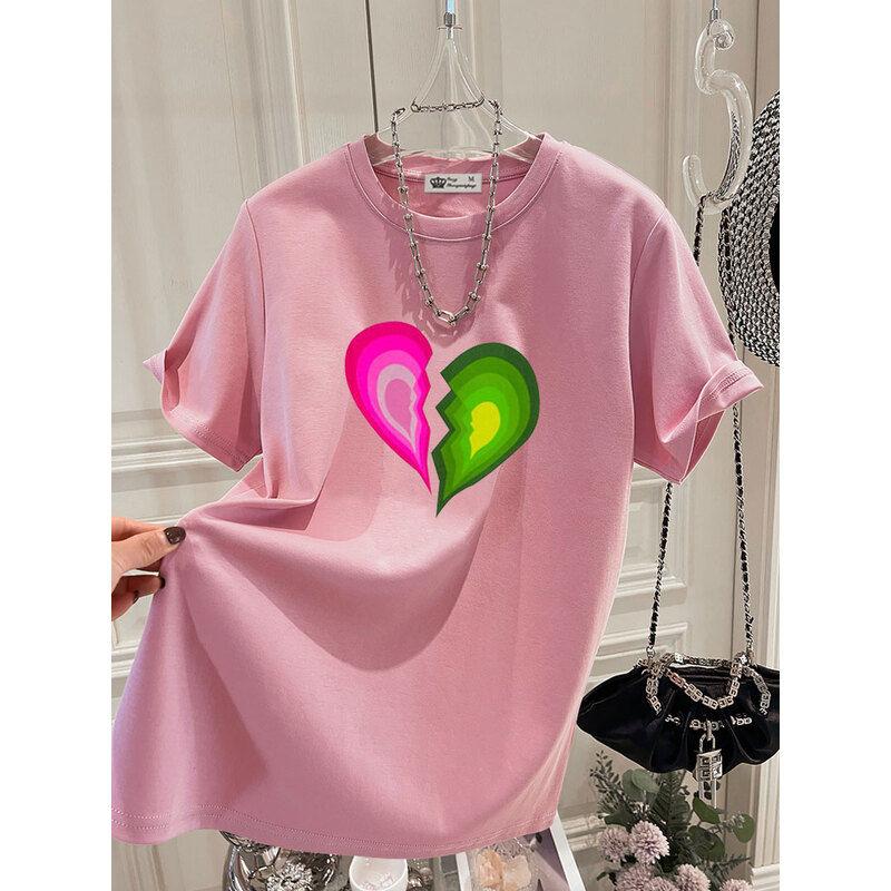 Women Clothing Fashion Hand-Painted Love Print T-shirts Summer Loose O-neck Short Sleeve Tee Office Lady Pure Cotton Basic Tops