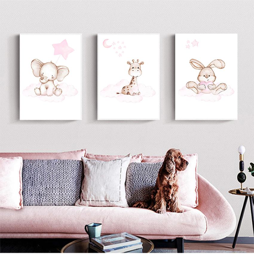 Pictură Nordic Copii Copii Decor Dormitor Iepuraș Girafă Urs Poză Animal drăguț Luna Creșă Copil Artă Perete Canvas Print