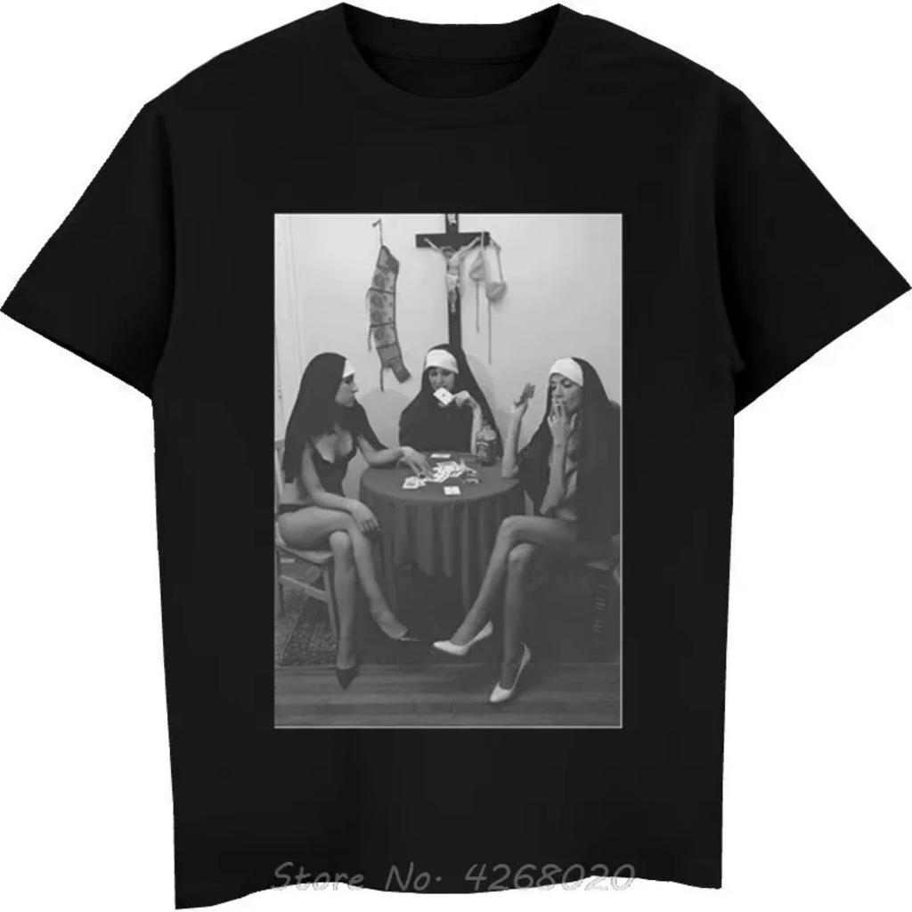 2025 Fun T-shirt Nun Playing Cards Smoking New Casual Clothing Fashion 100% Cotton Clothing O Collar Top T-shirt Gothic