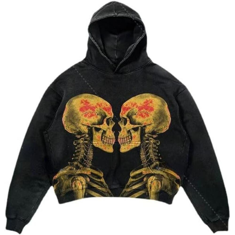 ZYLLO Punk Style Skull Washed Long Sleeve Pullover Hoodie Hip Hop Retro Street Loose Oversized Sweatshirt Harajuku Gothic Top