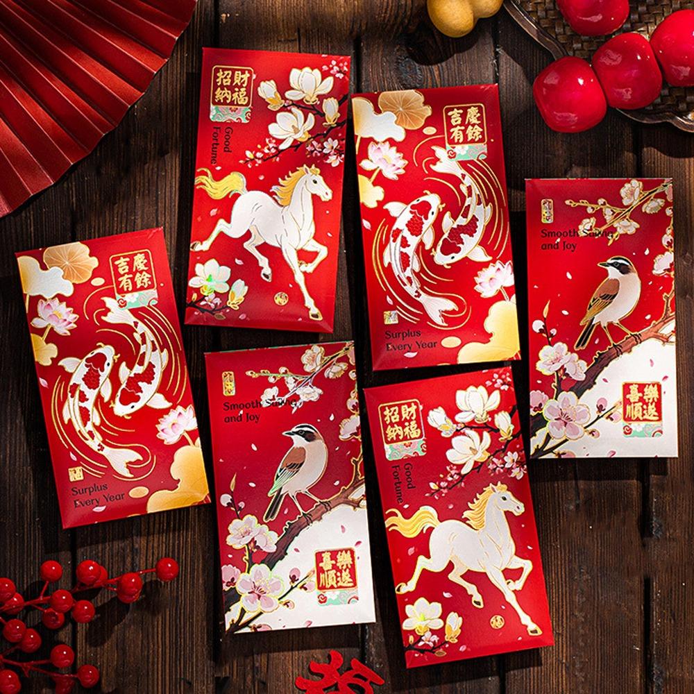6pcs Traditional New Year Red Envelopes Cartoon Lucky Money Envelope Red Bag Wedding Celebration
