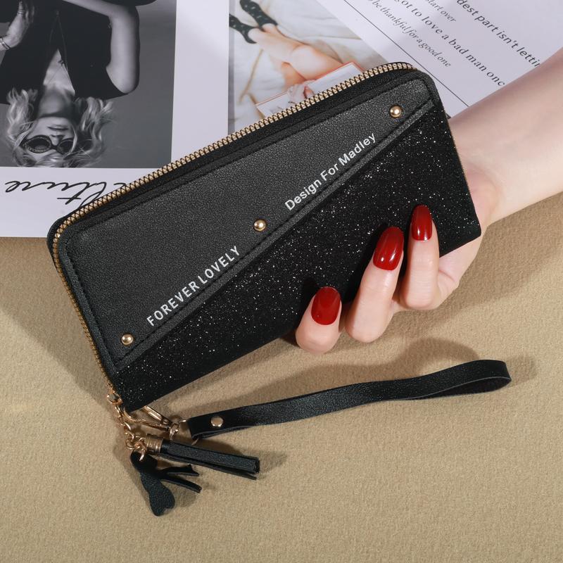 New Long Women's Zipper Wallet - Korean Splicing, Color Contrast, Tassel, and Rivet Details