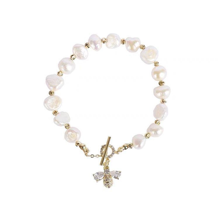 

Изысканный браслет с жемчугом и клубничным кристаллом в виде пчелы - роскошный женский французский летний аксессуар