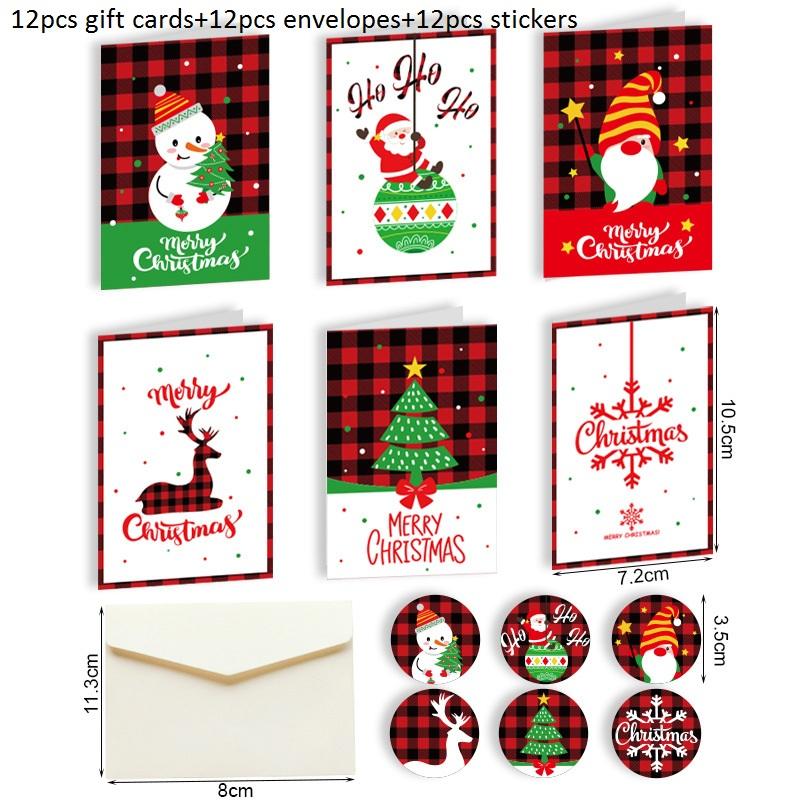 12pcs Merry Christmas Greeting Cards with Envelopes Stickers Folding Type Cartoon Print Gift Cards Christmas Decoration Supplies