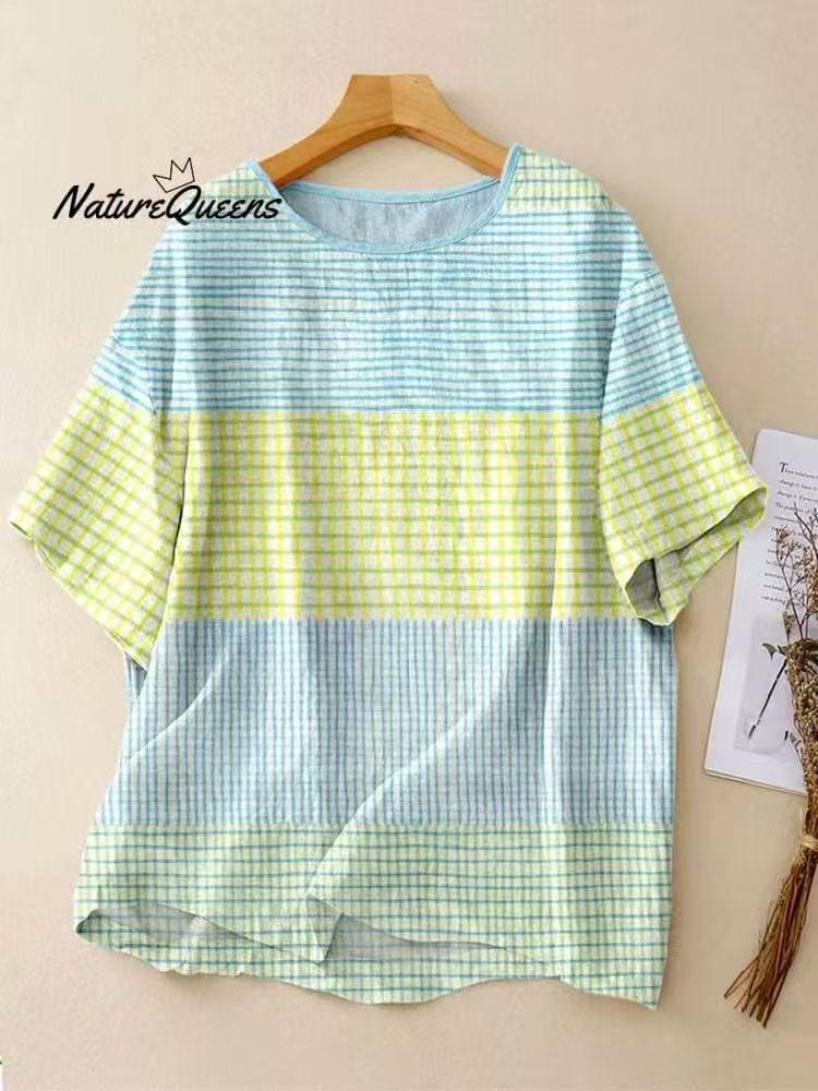 2026 new summer contrasting color plaid short-sleeved 3D printed women s loose leisure vacation daily versatile top S