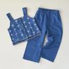Summer Baby Girls Suits Imitation Denim Bow Print Sleeveless Pants Two Piece Set Casual Children Clothing