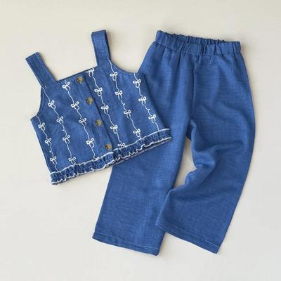 Summer Baby Girls Suits Imitation Denim Bow Print Sleeveless Pants Two Piece Set Casual Children Clothing