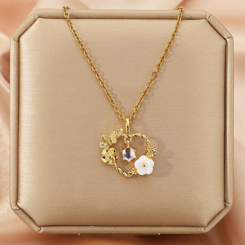 Mori Style Moonstone Butterfly Titanium Necklace - Women's Fashion Clavicle Chain