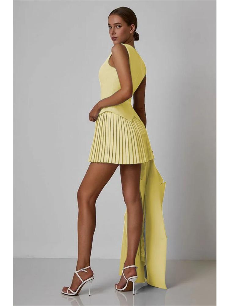 Summer Sexy Patchwork 2 Piece Set Women Elegant Single-breasted Tops + Pleated Mini Skirt Fashion Retro Solid Slim Office Lady Suits
