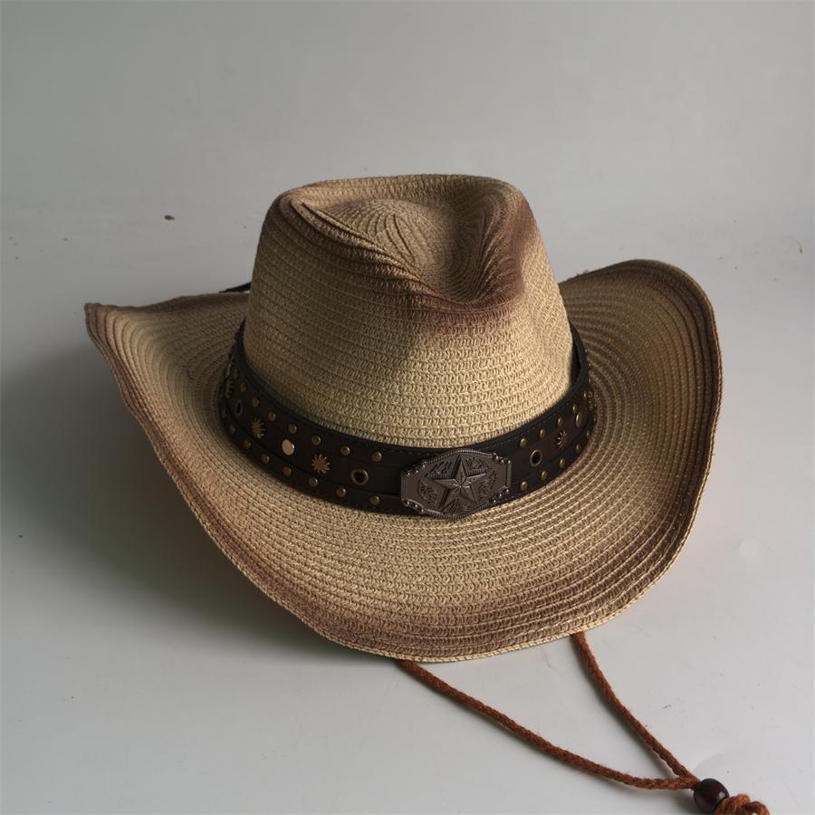Western Cowboy Straw Hat For Men Women Vintage Outlaw Cowgirl Sun Sombrero Hat With Metal Star Emblem Band Beach Summer Caps