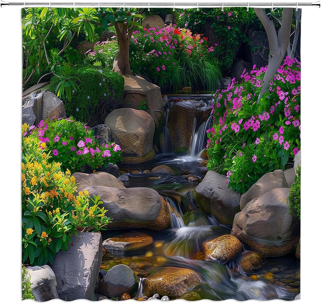 Nature Landscape Shower Curtain Waterfall Tree Colorful Floral Tropical Garden Plant Jungle Rainforest Fabric Bathroom Decor