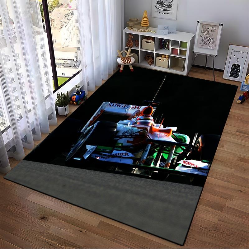 Racing Car Design Printed Carpet with Green1Orange1White Colors and Branding Details Suitable for use as an anti-slip1 for1room and bedroom sofas