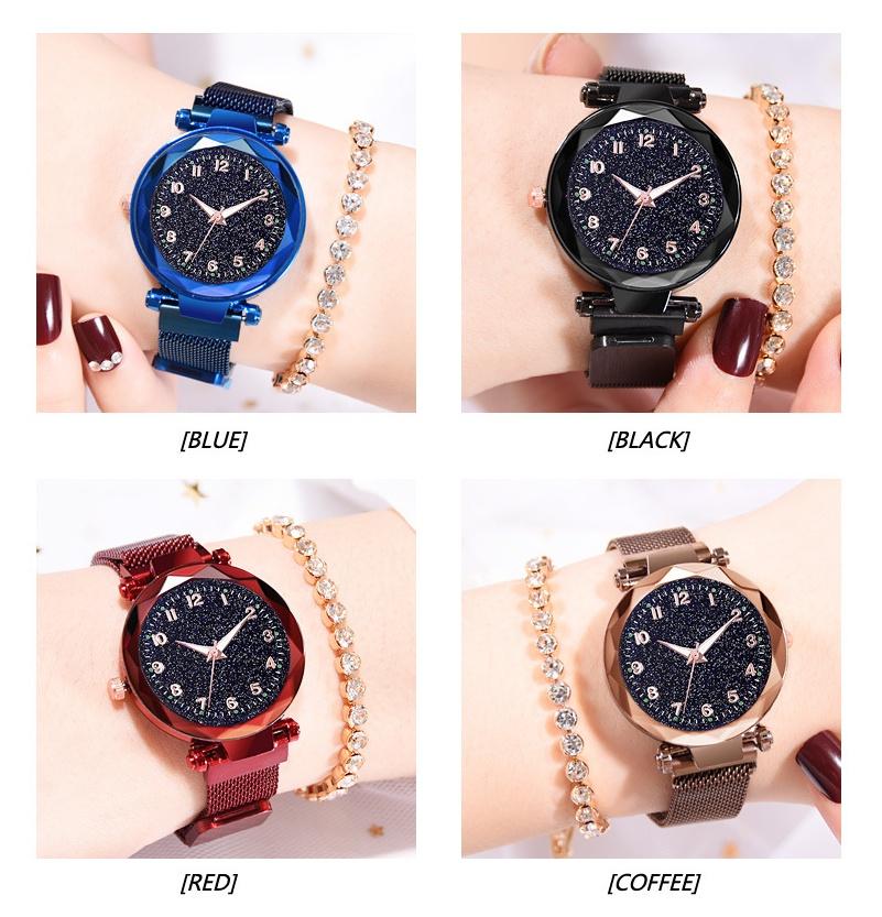 Women Fashion Luminous Numbers Starry Sky Quartz Watch Magnetic Wristwatch Buckle