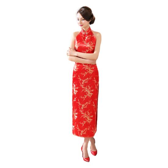 Ženy Léto Cheongsam Stojánek s límečkem Potisk na rameni Dělený lem bez zad s vyhloubeným lemem Bez rukávů Qipao Slim Fit Retro společenské šaty v čínském stylu