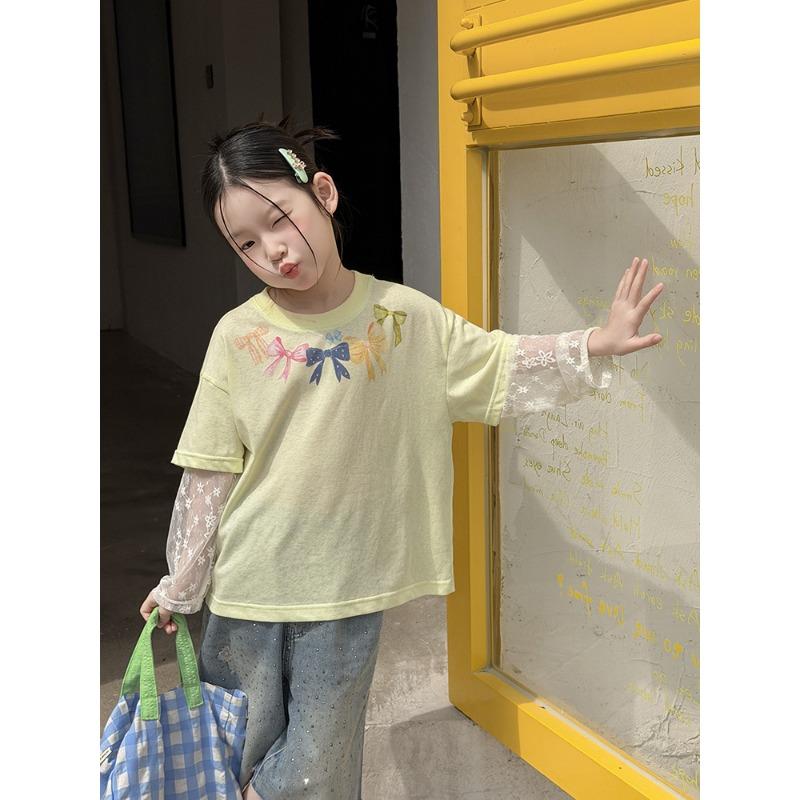 Girls Sweet Korean Style Fake Two Piece Lace Patchwork Short Sleeve T Shirt