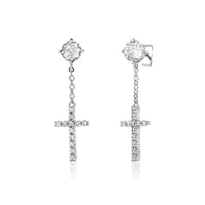 Ohrringe für 18 Karat AAA Stecker Beide Azuki Kreuz Edelstahl CZ Diamant Mode Damen, Hängend, Erwachsen, Gold, Silber, Zirkonia, Vier-Zacken, Kreuz,