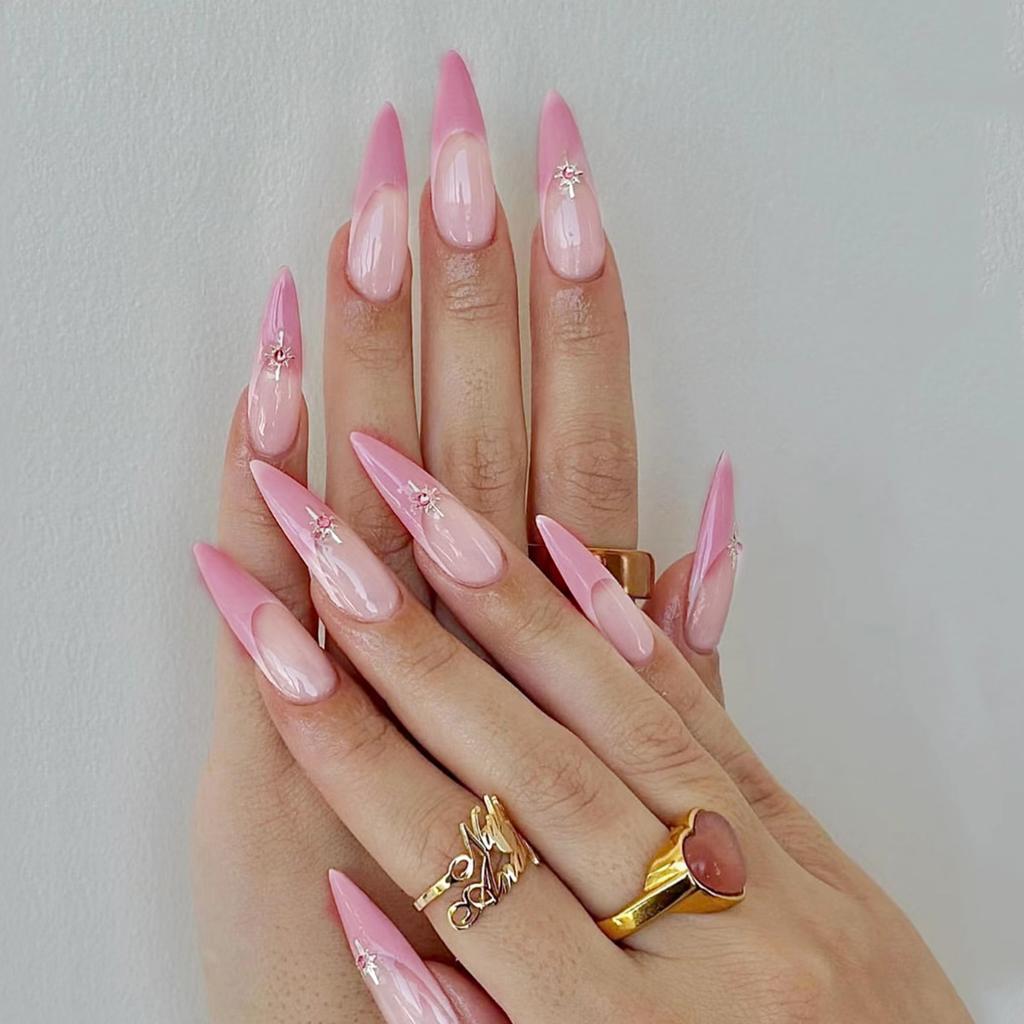 24PCS French Pink Glossy Tip Press On Nails Long Lasting Safe Material Waterproof False Nails for Women Girls Manicure DIY