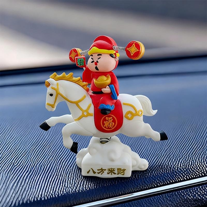 Lucky God of Wealth On Horse Statue Swaying Spring Motion Ornament For Desktop Decors And Vehicle Interior Enhancement