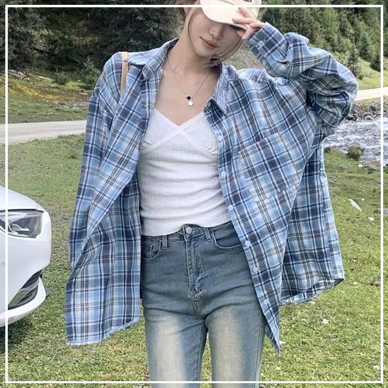 

Новая весенне-летняя уличная хип-хоп мода, рубашка с воротником поло, клетчатым принтом, свободного кроя и универсальная, с длинным рукавом, солнцезащитная S синий