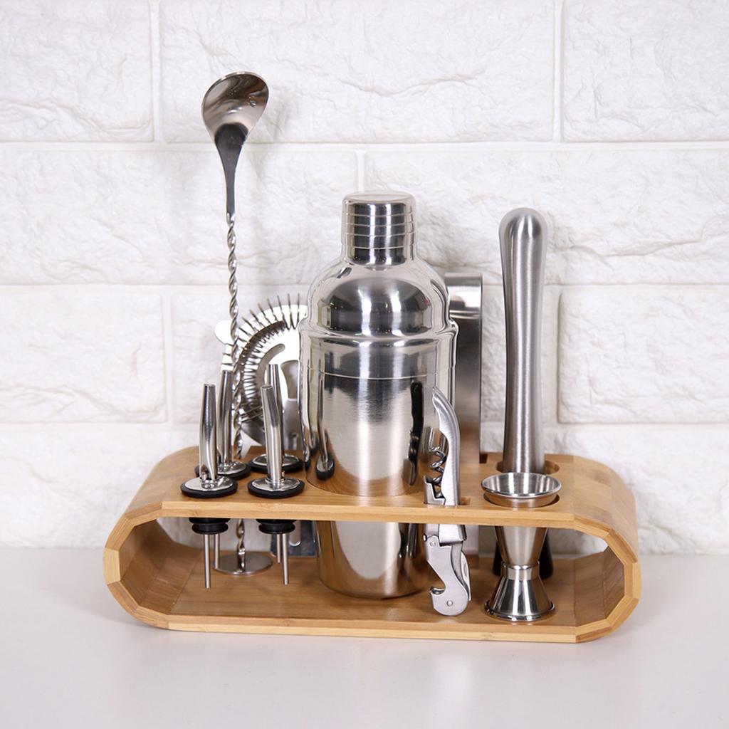 11-teiliges Set Edelstahl Cocktailshaker Mixer Getränke Barkeeper Martini Werkzeuge Bar-Set mit Holz