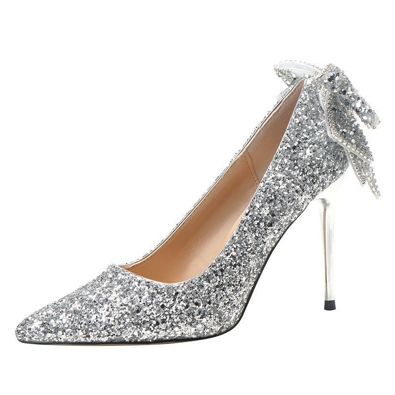 Srebrne wysokie obcasy nowa wiosna i jesień cekiny diament kryształ Xiuhe główna suknia buty ślubne dwa sposoby noszenia suknia ślubna