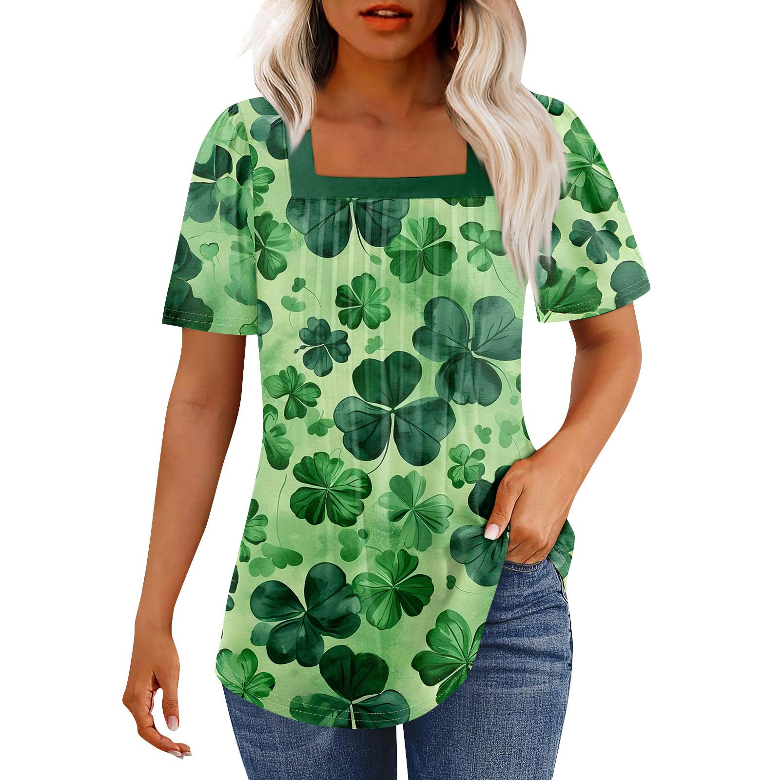 

Футболки для женщин плиссированные квадратные вырезы нарядные повседневные блузки St. Летние топы с короткими рукавами и принтом ко Дню Святого Патрика, свободный крой L армия зеленый
