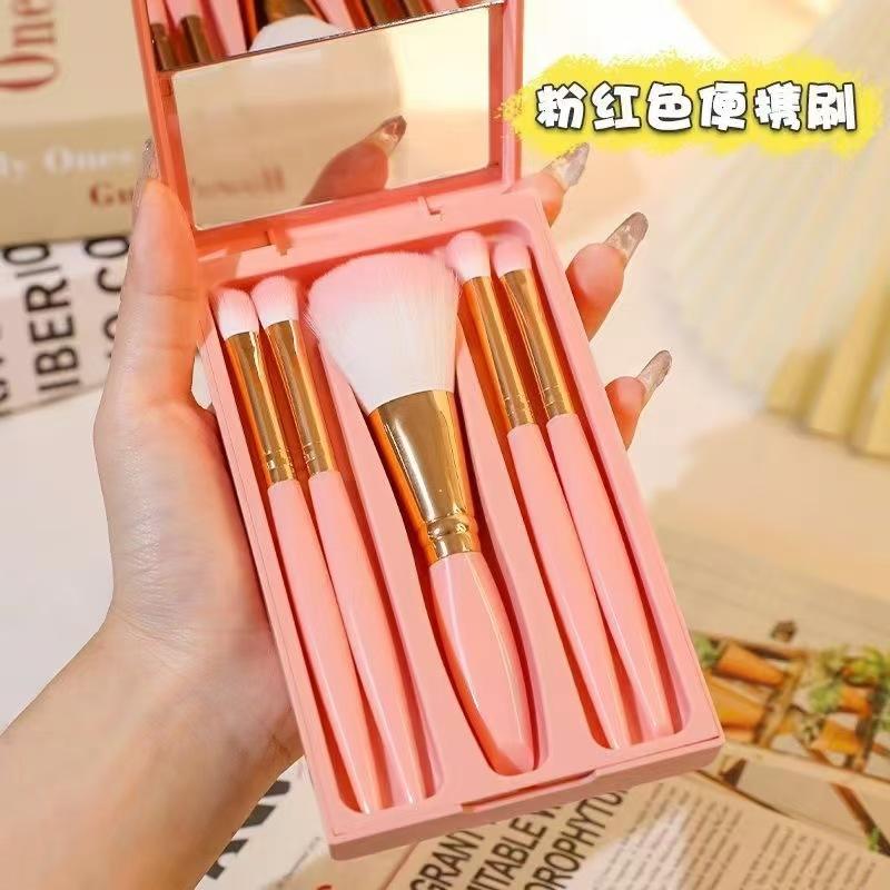 5pcs Makeup Brushes with Mirror Eyeshadow Loose Powder Brushes Mini Multifunctional Makeup Brushes