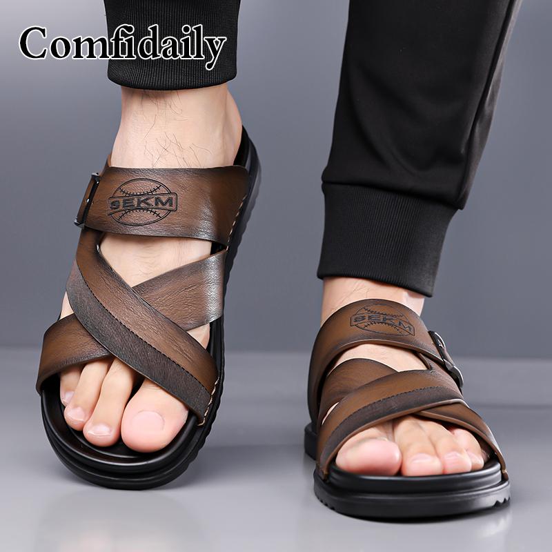 Men Simple Beige Flats Slippers Summer Brown Roman Sandals Retro Black Leather Wide Head Beach Shoes Plus Size