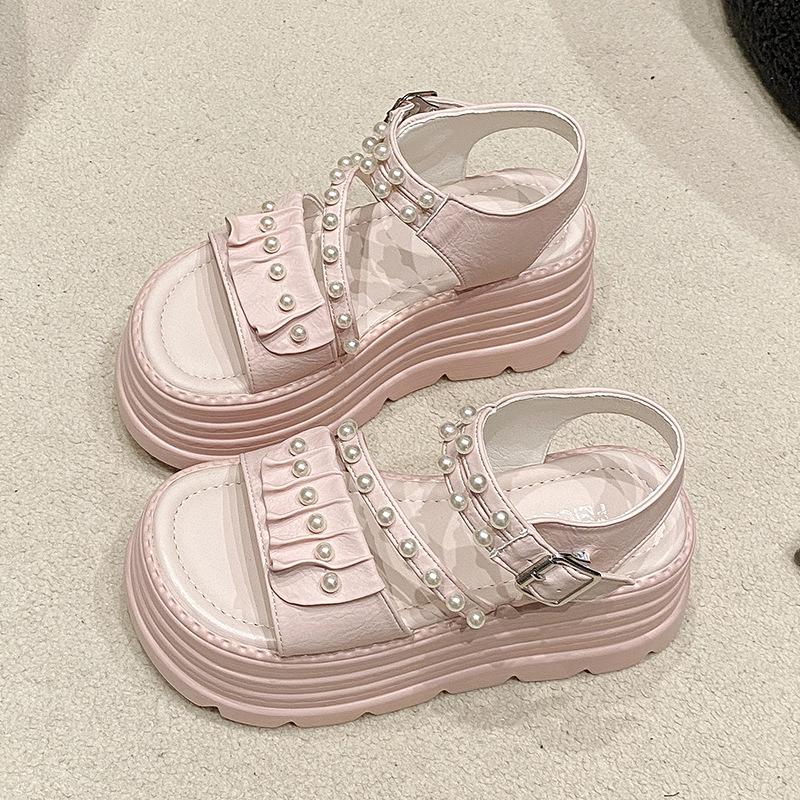 

Fairy wind thick-soled muffin buckle sandals women wear popular summer new slope heel beaded muffin bottom cool slippers 39 розовый