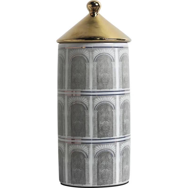 Modern Architectural Pattern Ceramic Storage Tank with Cover Household Decoration Vase Candle Jar  Candy Tank Kitchen Storage